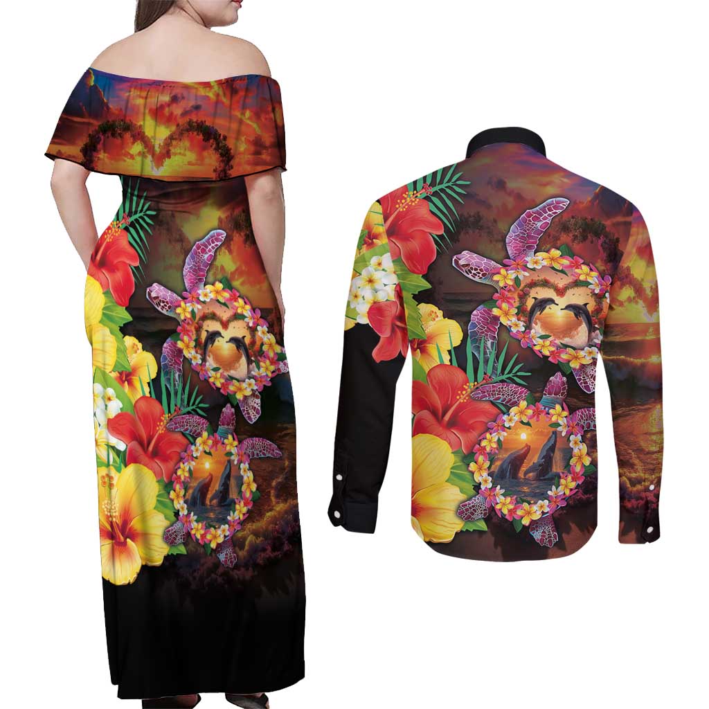 Hawaiian Sea Animals Love Couple Couples Matching Off Shoulder Maxi Dress and Long Sleeve Button Shirt Aloha Sunset Symphony LT03 - Polynesian Pride