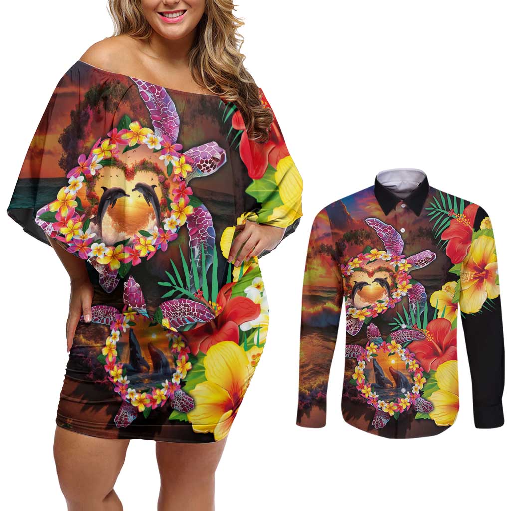Hawaiian Sea Animals Love Couple Couples Matching Off Shoulder Short Dress and Long Sleeve Button Shirt Aloha Sunset Symphony LT03 Black - Polynesian Pride