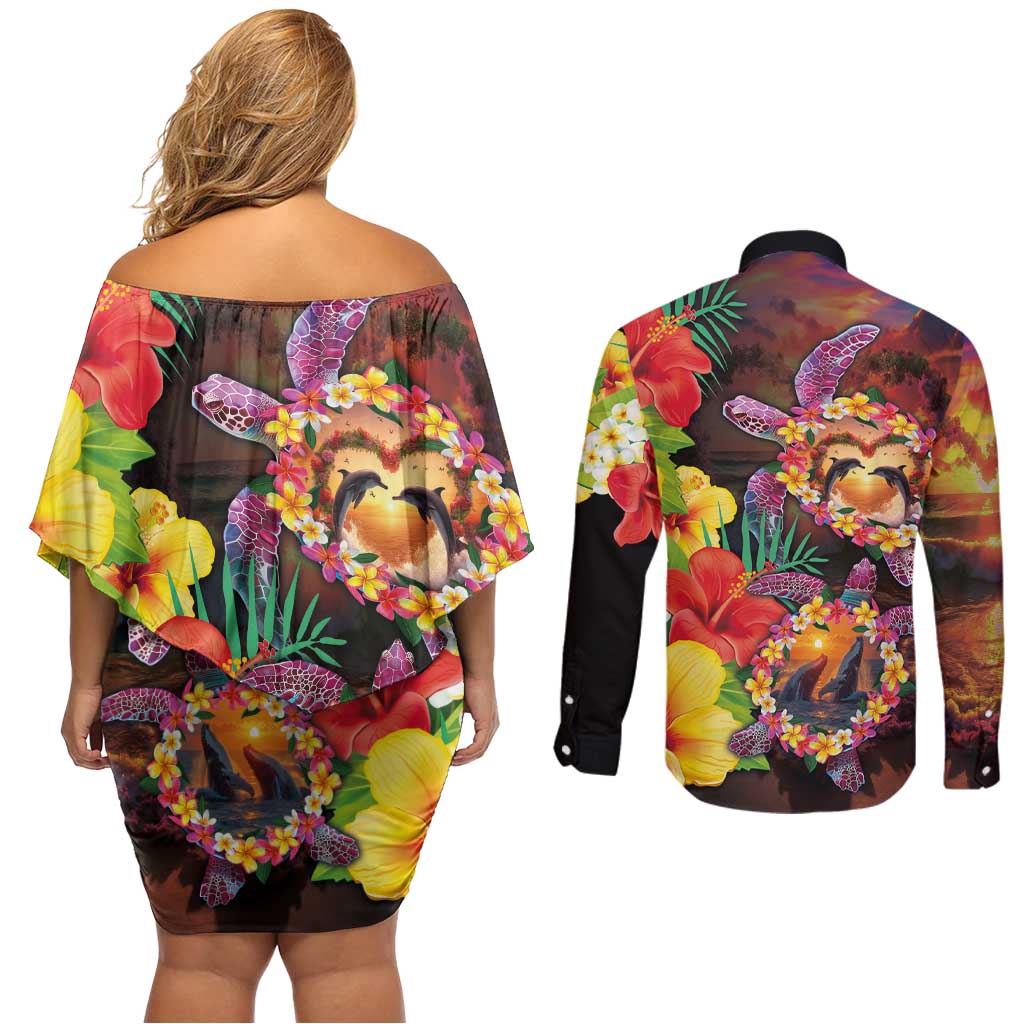 Hawaiian Sea Animals Love Couple Couples Matching Off Shoulder Short Dress and Long Sleeve Button Shirt Aloha Sunset Symphony LT03 - Polynesian Pride