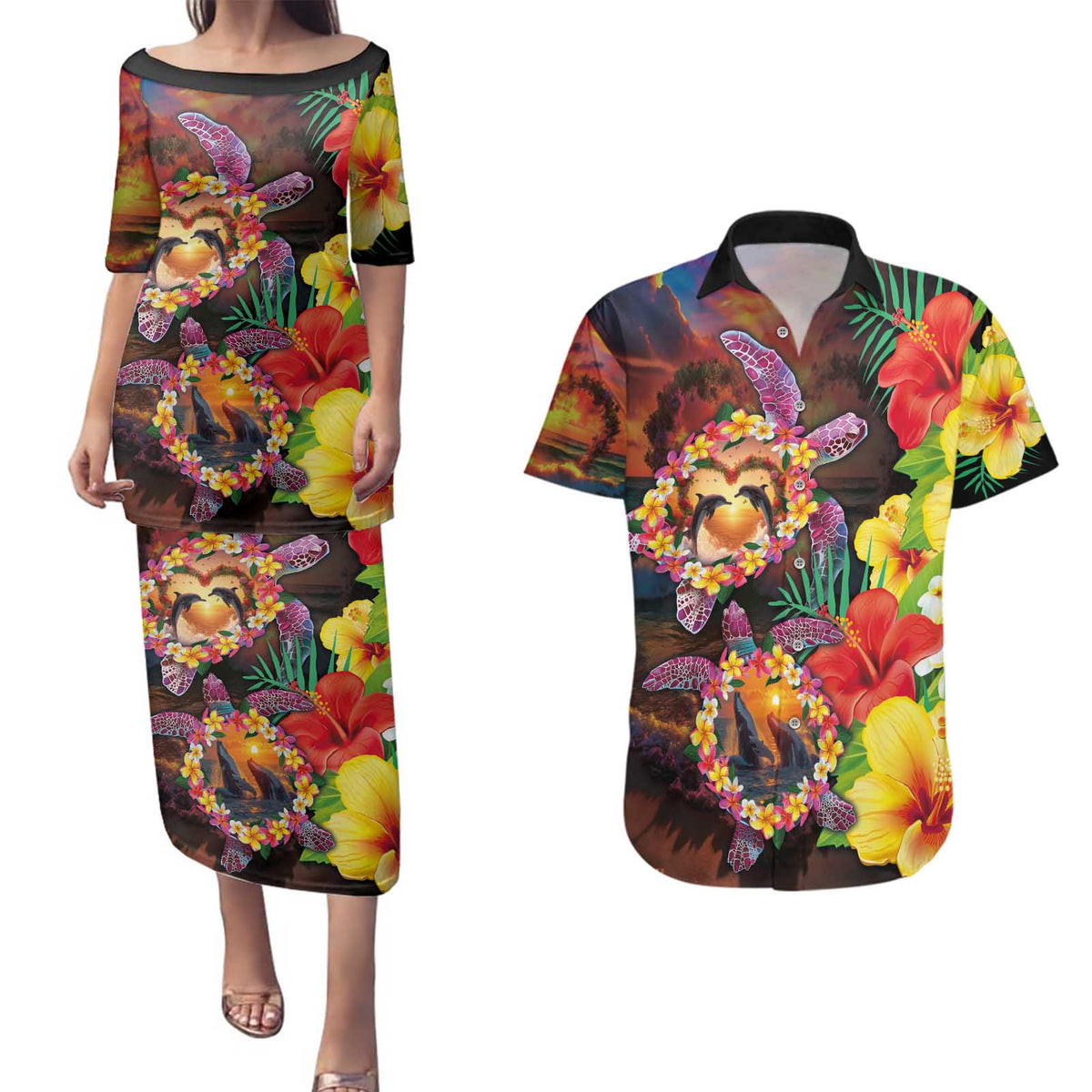 Hawaiian Sea Animals Love Couple Couples Matching Puletasi and Hawaiian Shirt Aloha Sunset Symphony