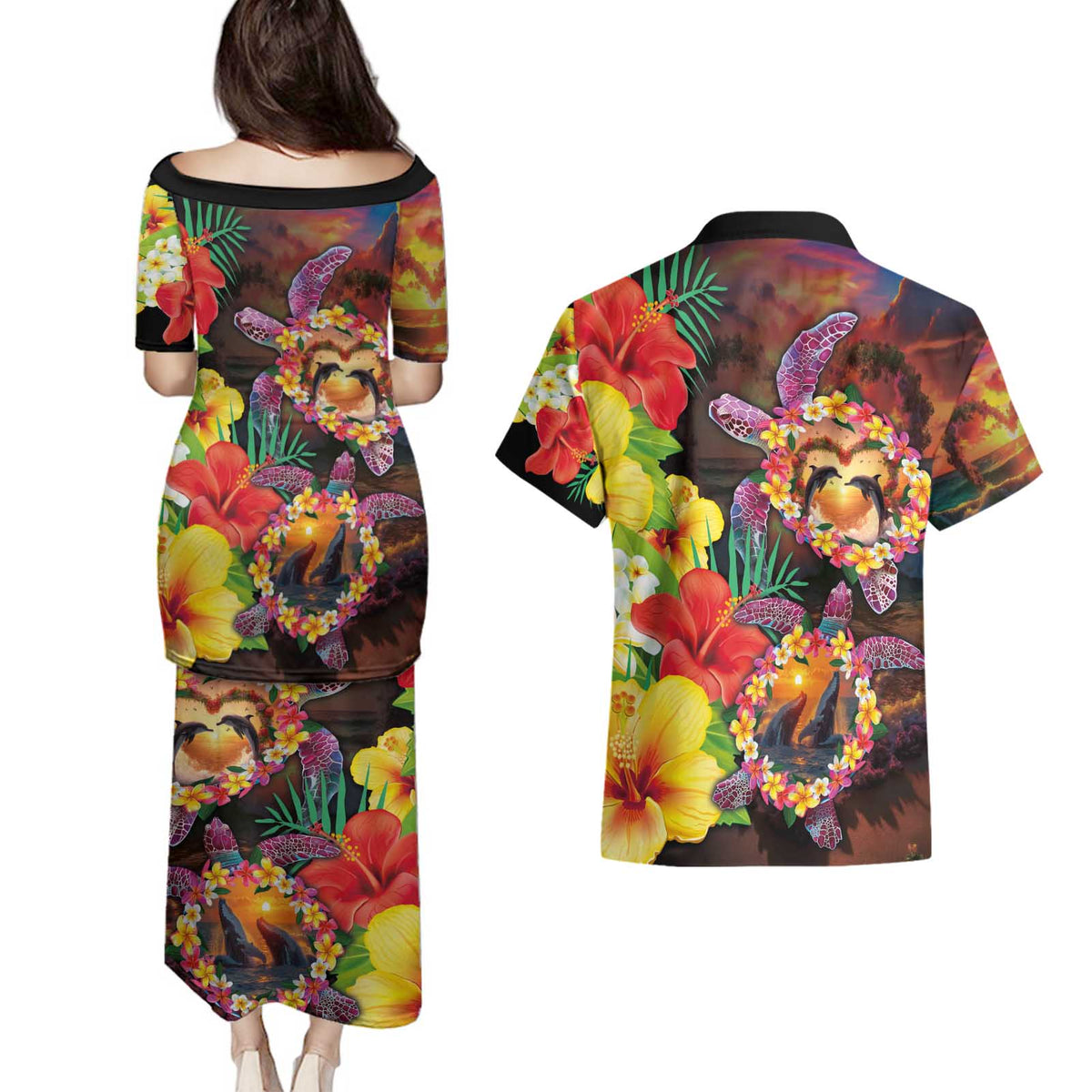 Hawaiian Sea Animals Love Couple Couples Matching Puletasi and Hawaiian Shirt Aloha Sunset Symphony