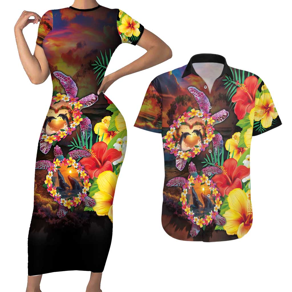 Hawaiian Sea Animals Love Couple Couples Matching Short Sleeve Bodycon Dress and Hawaiian Shirt Aloha Sunset Symphony LT03 Black - Polynesian Pride