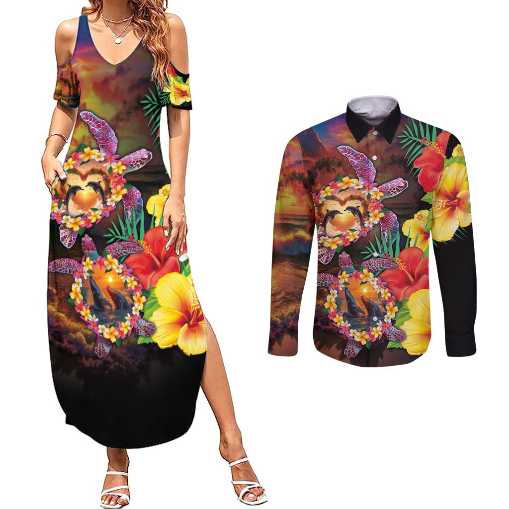 Hawaiian Sea Animals Love Couple Couples Matching Summer Maxi Dress and Long Sleeve Button Shirt Aloha Sunset Symphony LT03 Black - Polynesian Pride