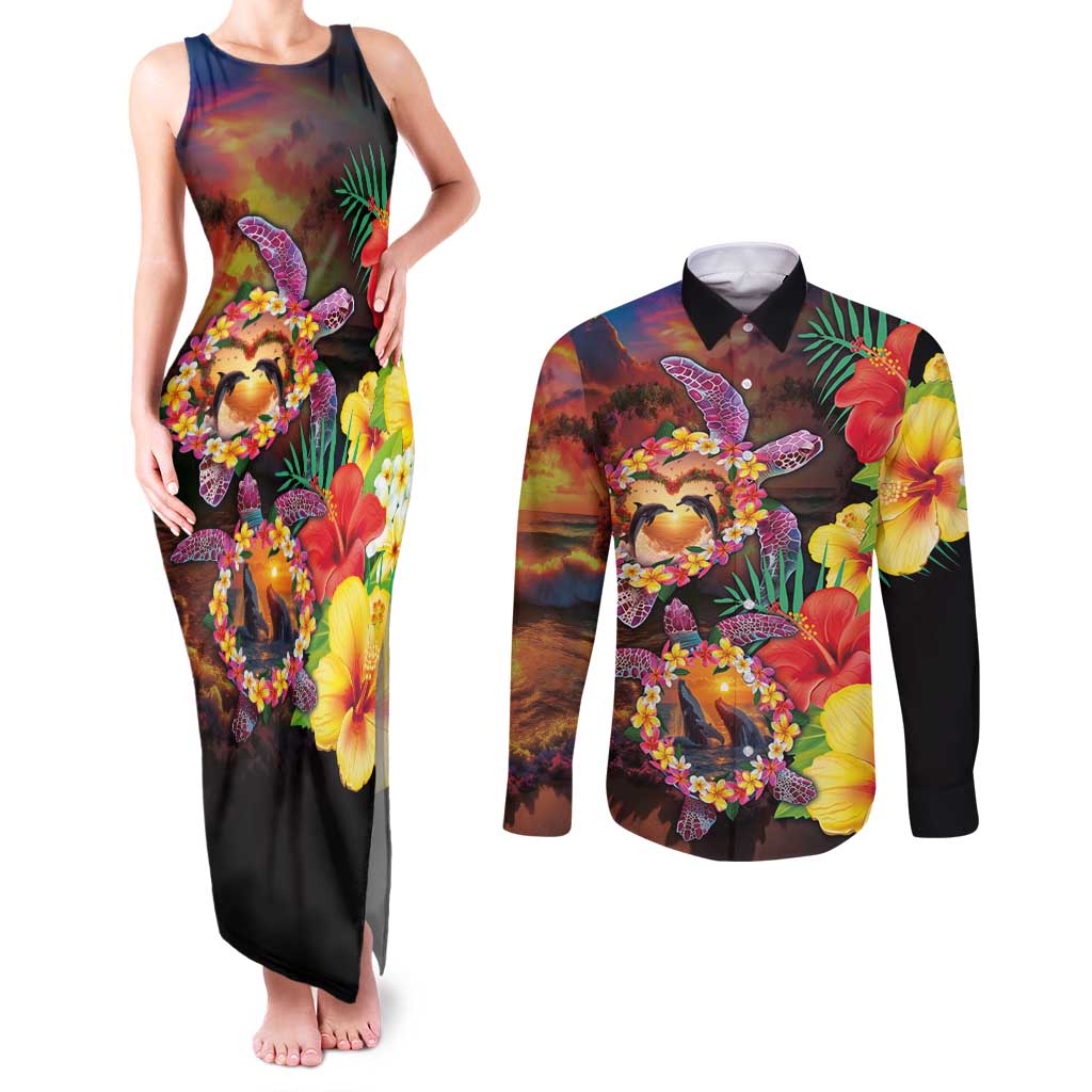 Hawaiian Sea Animals Love Couple Couples Matching Tank Maxi Dress and Long Sleeve Button Shirt Aloha Sunset Symphony LT03 Black - Polynesian Pride