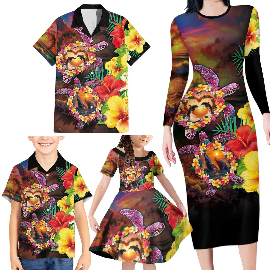 Hawaiian Sea Animals Love Couple Family Matching Long Sleeve Bodycon Dress and Hawaiian Shirt Aloha Sunset Symphony