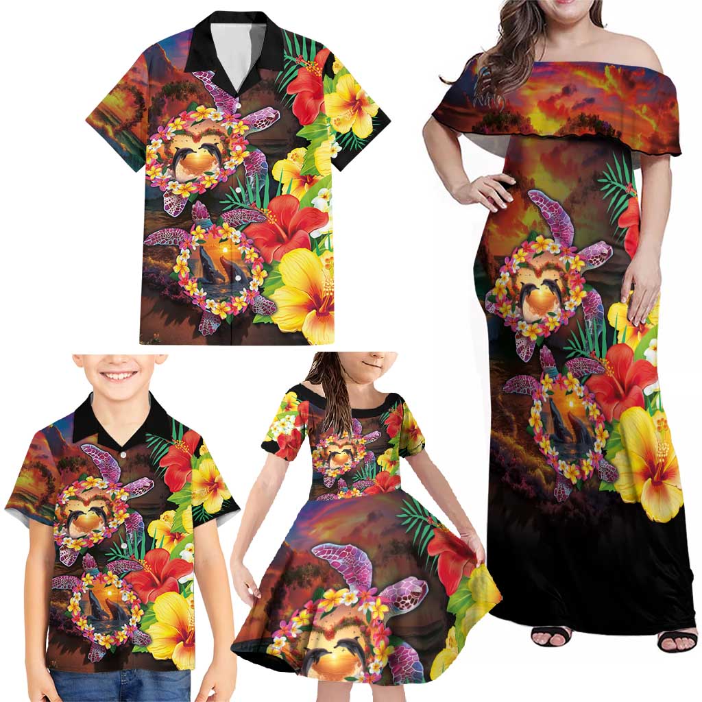 Hawaiian Sea Animals Love Couple Family Matching Off Shoulder Maxi Dress and Hawaiian Shirt Aloha Sunset Symphony