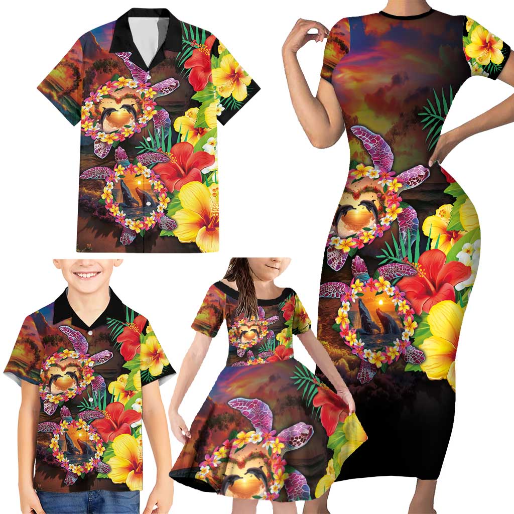 Hawaiian Sea Animals Love Couple Family Matching Short Sleeve Bodycon Dress and Hawaiian Shirt Aloha Sunset Symphony