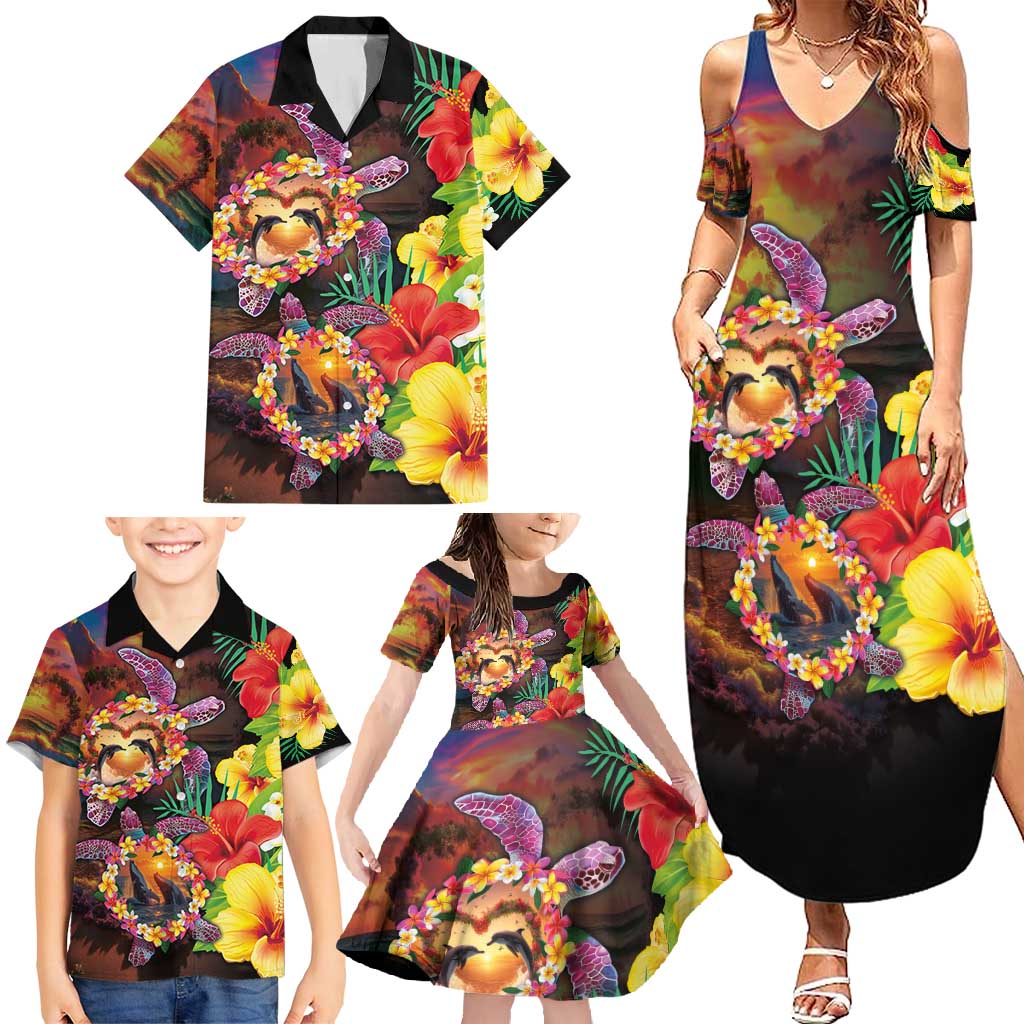 Hawaiian Sea Animals Love Couple Family Matching Summer Maxi Dress and Hawaiian Shirt Aloha Sunset Symphony