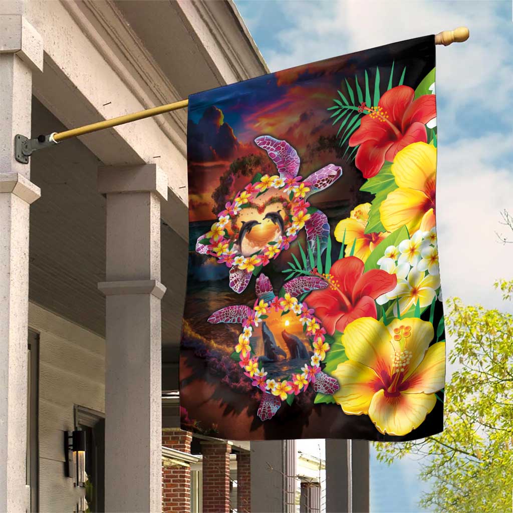 Hawaiian Sea Animals Love Couple Garden Flag Aloha Sunset Symphony LT03 House Flag Black - Polynesian Pride