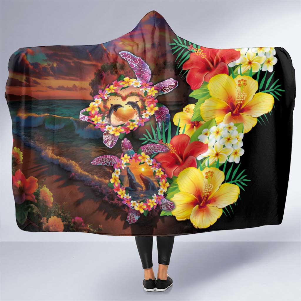 Hawaiian Sea Animals Love Couple Hooded Blanket Aloha Sunset Symphony LT03 One Size Black - Polynesian Pride