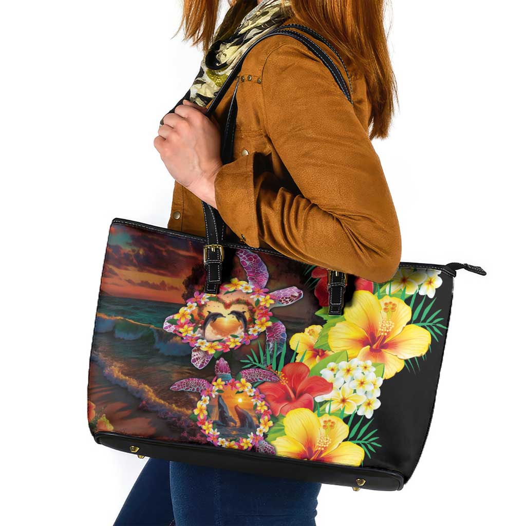 Hawaiian Sea Animals Love Couple Leather Tote Bag Aloha Sunset Symphony LT03 Black - Polynesian Pride