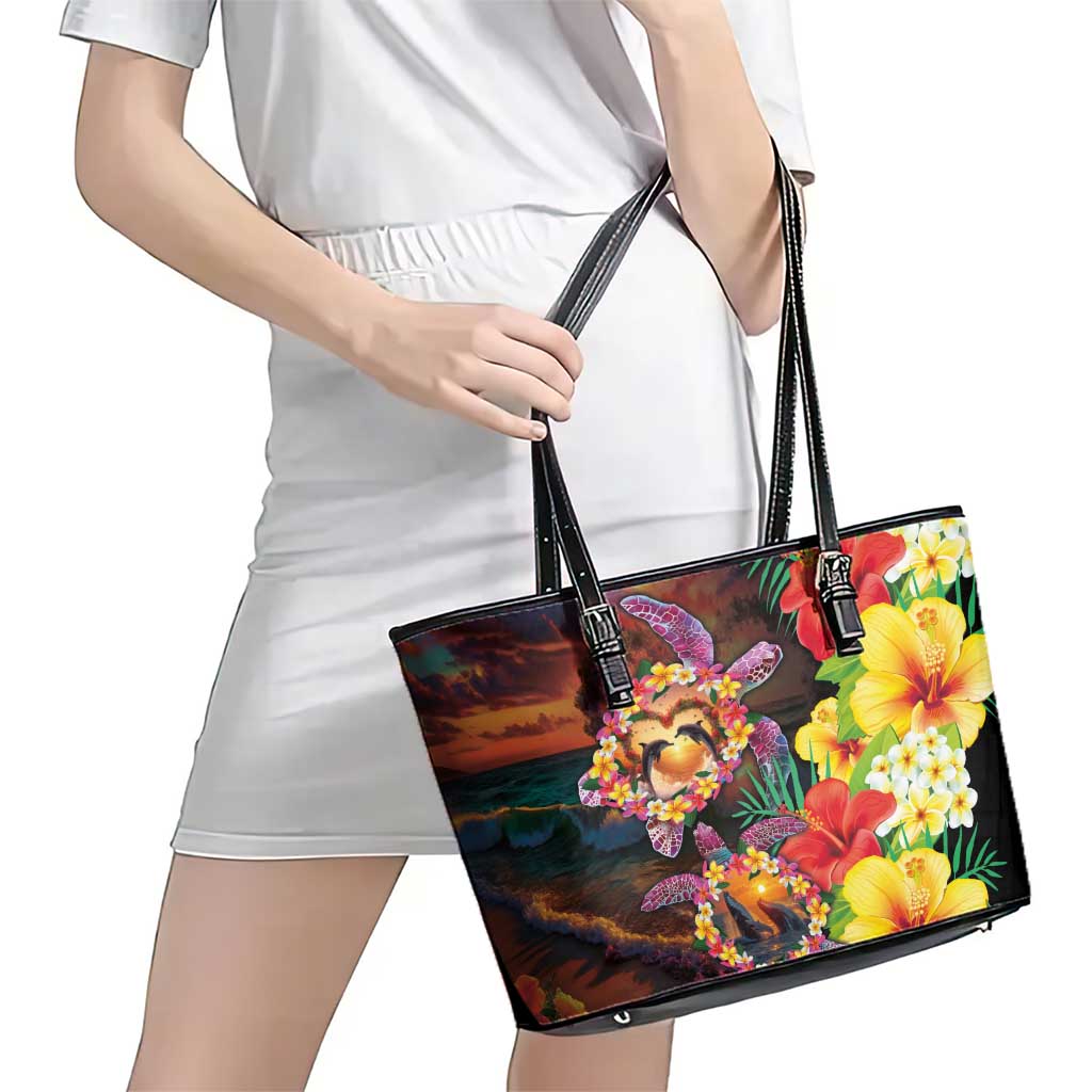 Hawaiian Sea Animals Love Couple Leather Tote Bag Aloha Sunset Symphony LT03 - Polynesian Pride
