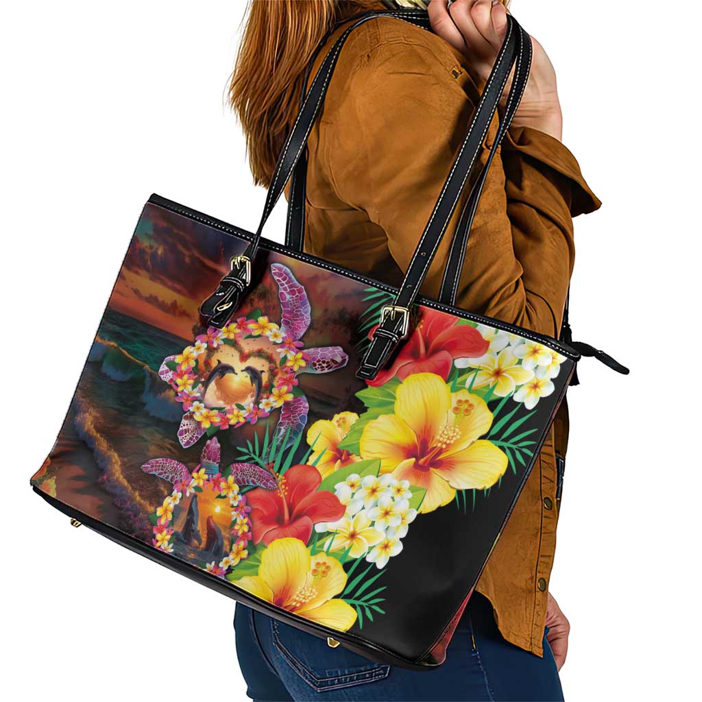Hawaiian Sea Animals Love Couple Leather Tote Bag Aloha Sunset Symphony LT03 - Polynesian Pride