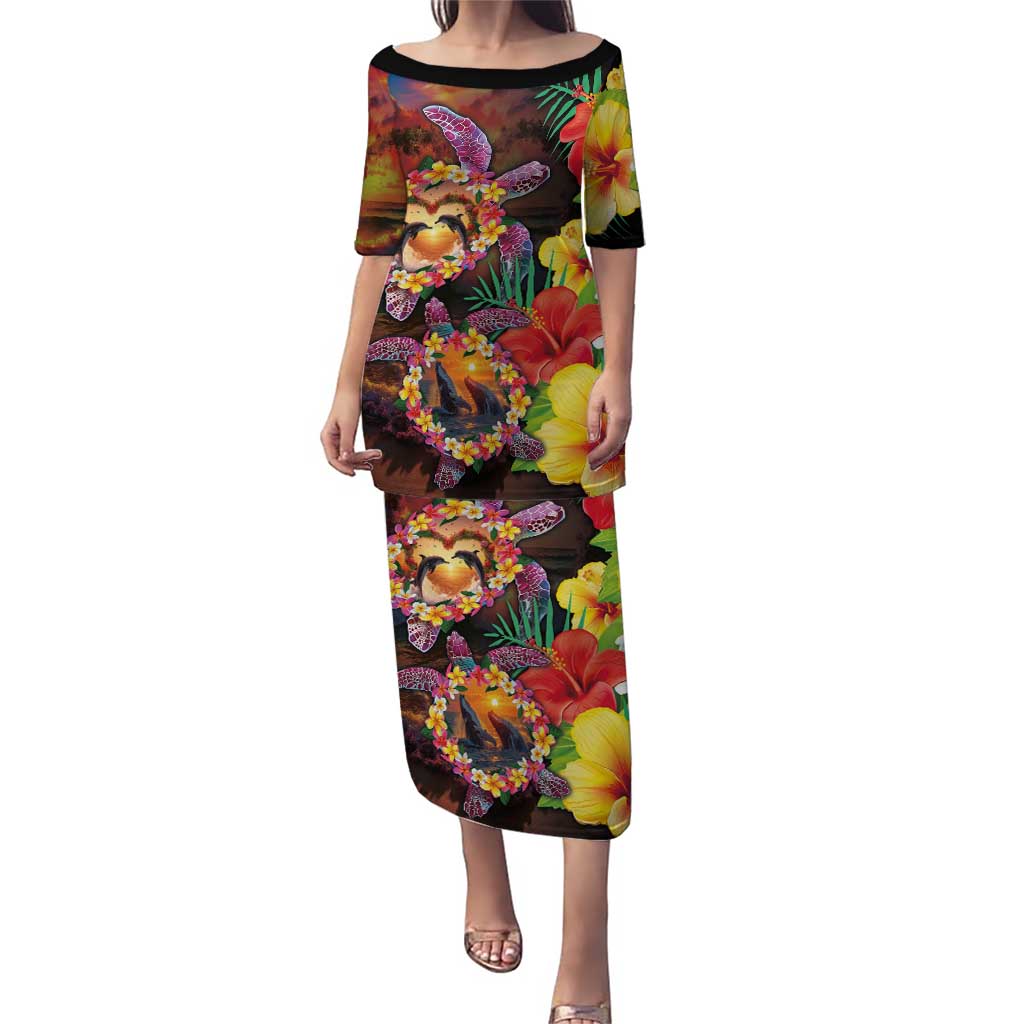 Hawaiian Sea Animals Love Couple Puletasi Aloha Sunset Symphony LT03 Long Dress Black - Polynesian Pride