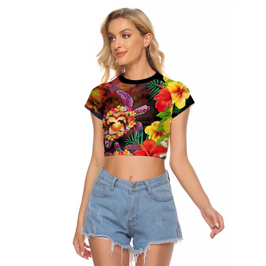Hawaiian Sea Animals Love Couple Raglan Cropped T Shirt Aloha Sunset Symphony LT03 Female Black - Polynesian Pride