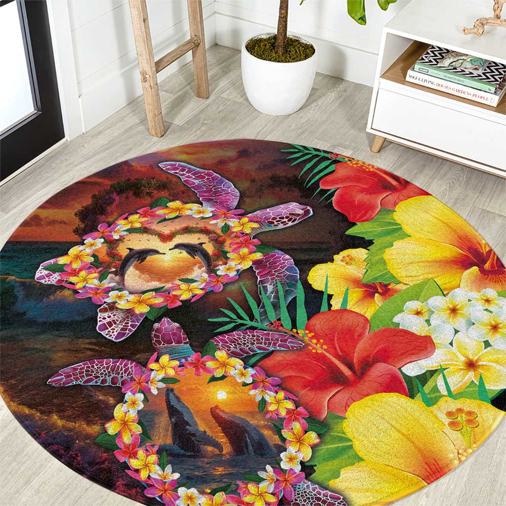 Hawaiian Sea Animals Love Couple Round Carpet Aloha Sunset Symphony