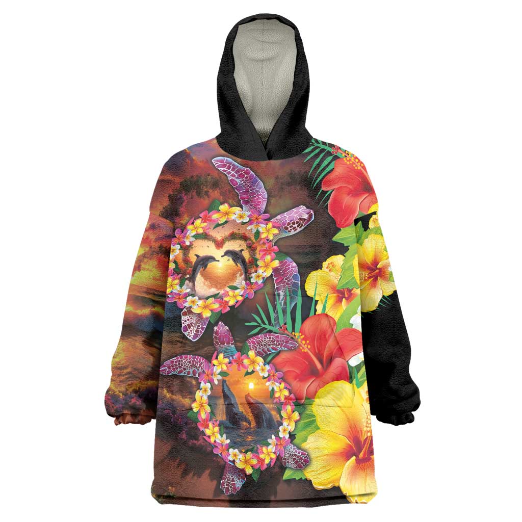 Hawaiian Sea Animals Love Couple Wearable Blanket Hoodie Aloha Sunset Symphony LT03 One Size Black - Polynesian Pride