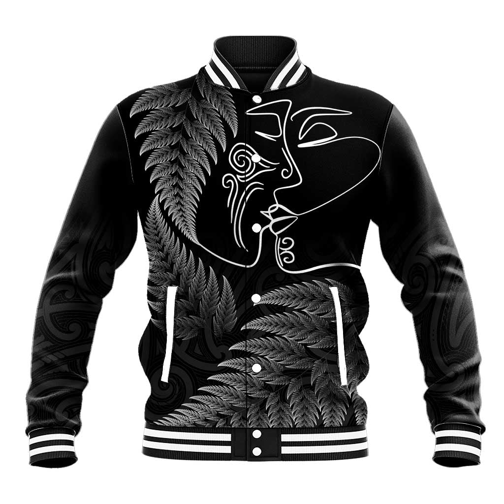 New Zealand Valentine's Day Baseball Jacket Silver Fern and Line Art Love Couple LT03 Unisex Black - Polynesian Pride