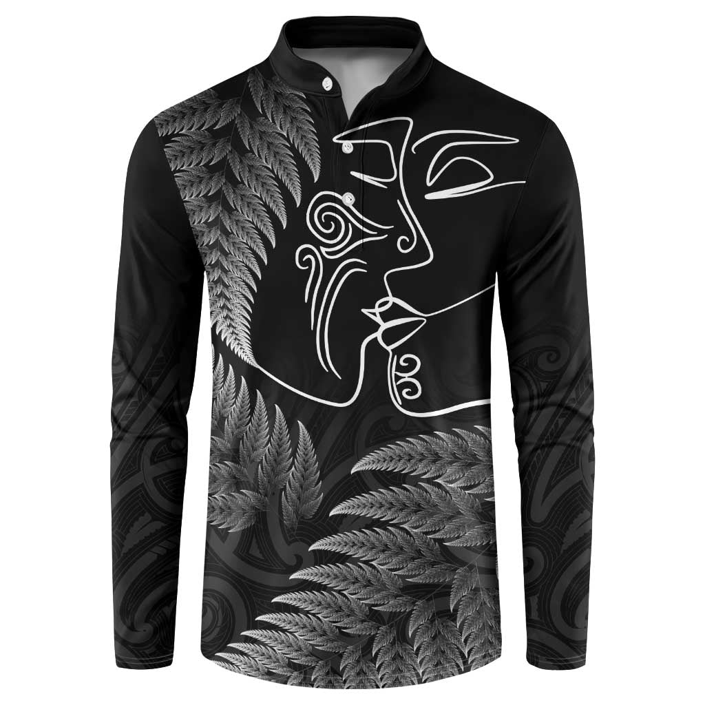 New Zealand Valentine's Day Button Sweatshirt Silver Fern and Line Art Love Couple LT03 Black - Polynesian Pride