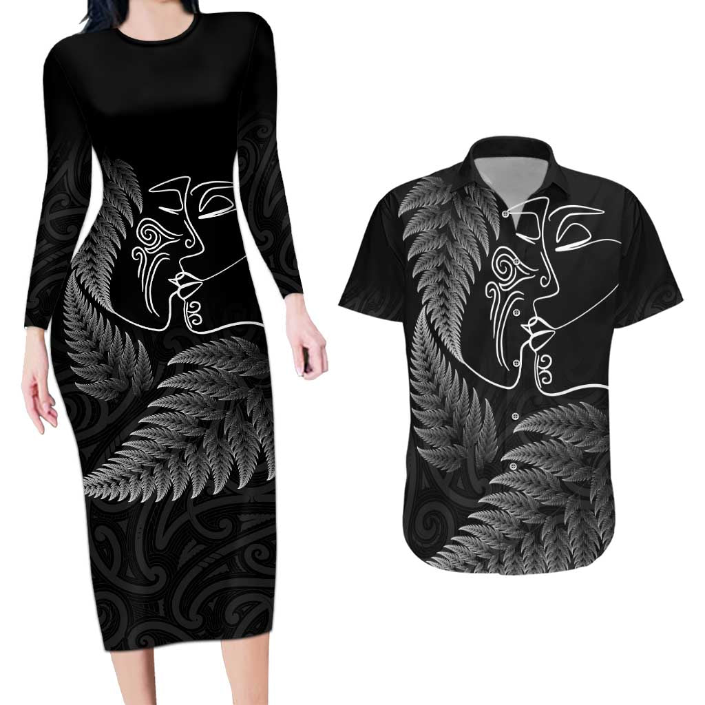 New Zealand Valentine's Day Couples Matching Long Sleeve Bodycon Dress and Hawaiian Shirt Silver Fern and Line Art Love Couple