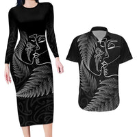 New Zealand Valentine's Day Couples Matching Long Sleeve Bodycon Dress and Hawaiian Shirt Silver Fern and Line Art Love Couple