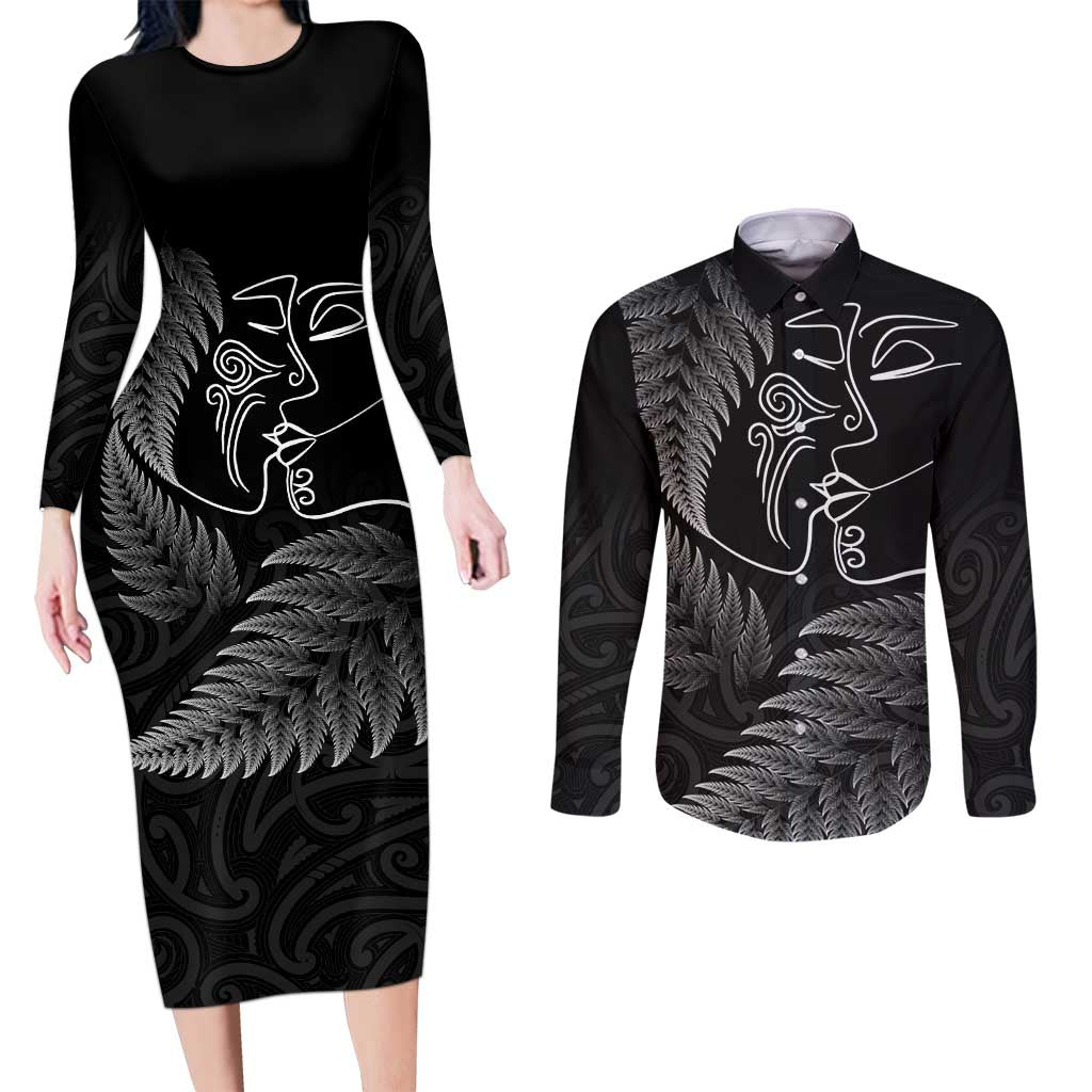 New Zealand Valentine's Day Couples Matching Long Sleeve Bodycon Dress and Long Sleeve Button Shirt Silver Fern and Line Art Love Couple