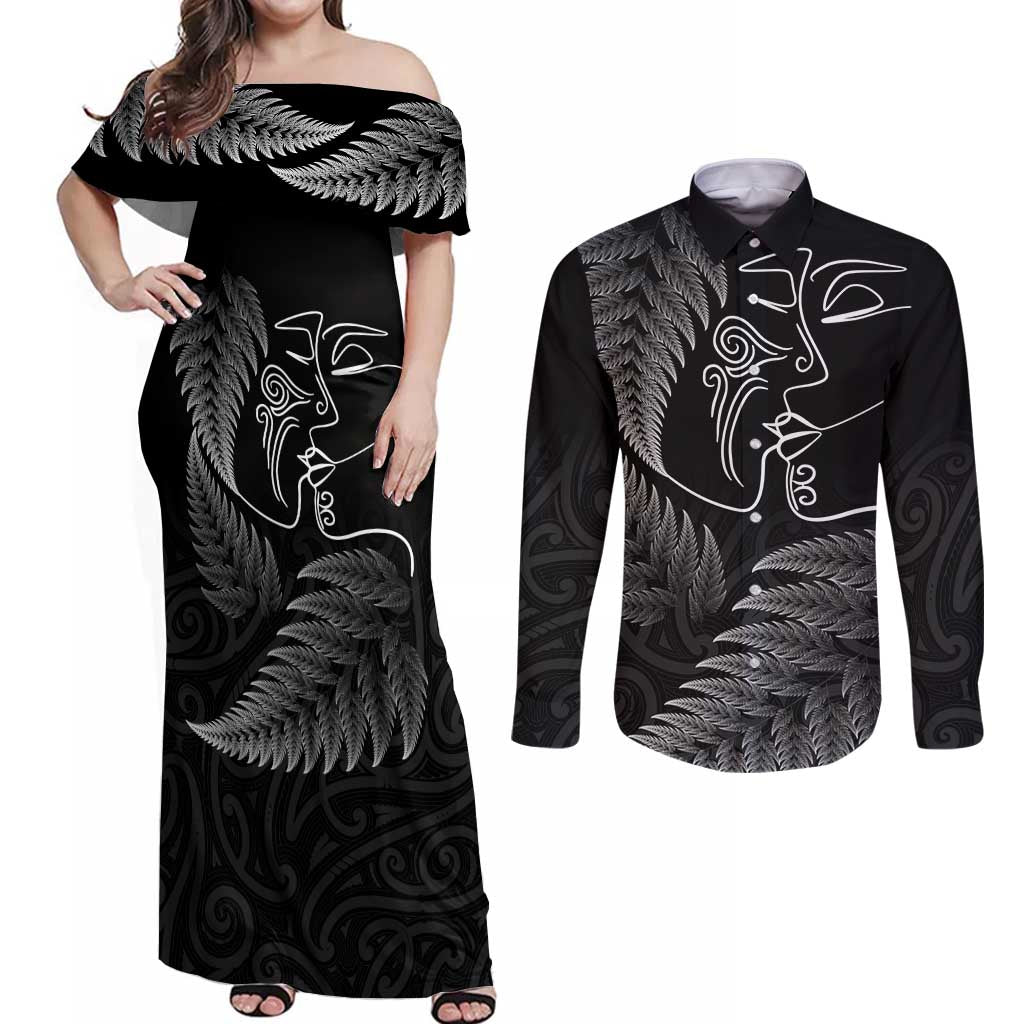 New Zealand Valentine's Day Couples Matching Off Shoulder Maxi Dress and Long Sleeve Button Shirt Silver Fern and Line Art Love Couple