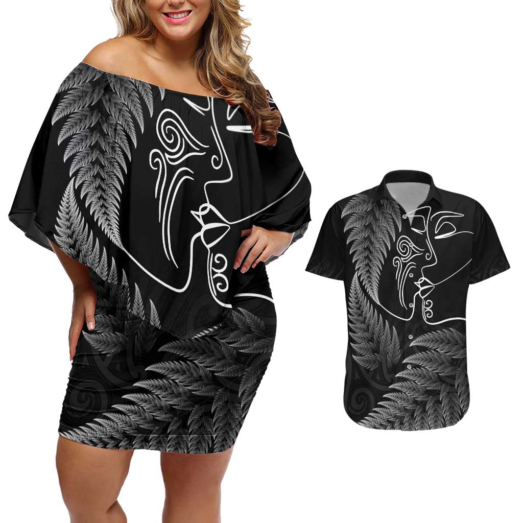 New Zealand Valentine's Day Couples Matching Off Shoulder Short Dress and Hawaiian Shirt Silver Fern and Line Art Love Couple LT03 Black - Polynesian Pride