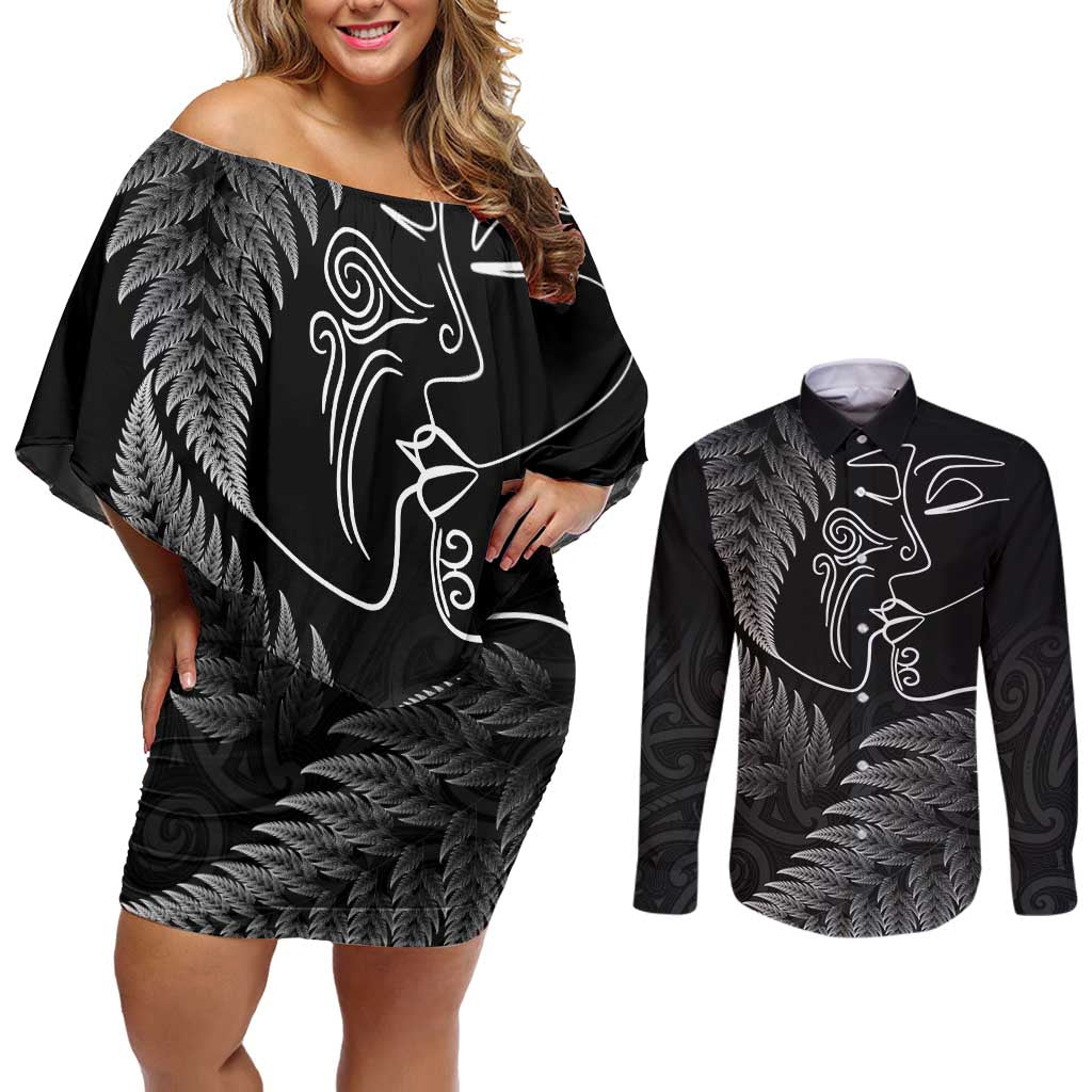 New Zealand Valentine's Day Couples Matching Off Shoulder Short Dress and Long Sleeve Button Shirt Silver Fern and Line Art Love Couple