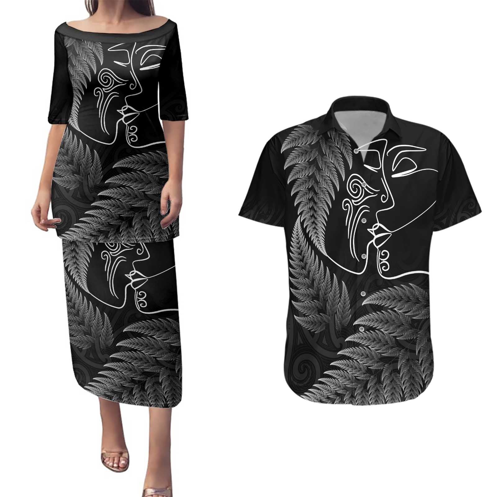 New Zealand Valentine's Day Couples Matching Puletasi and Hawaiian Shirt Silver Fern and Line Art Love Couple