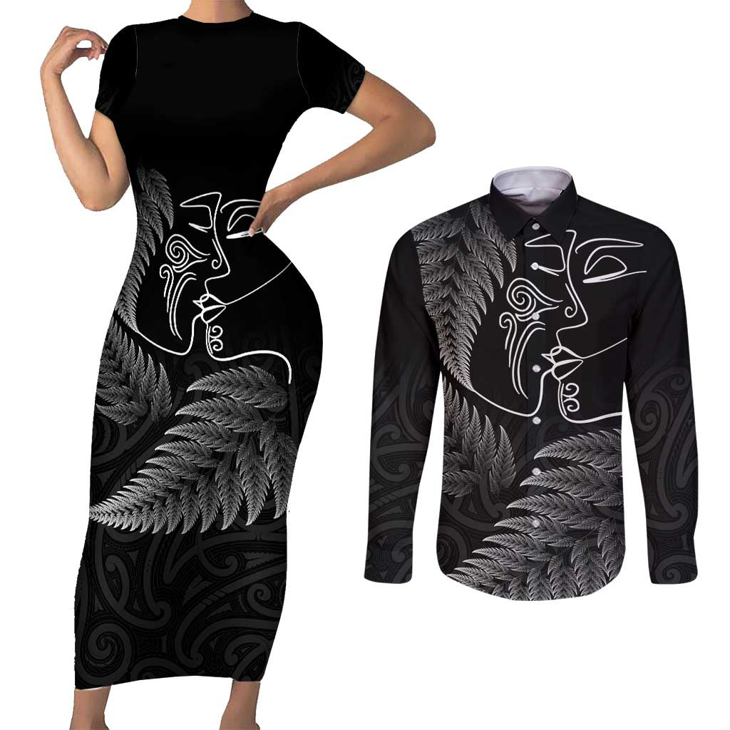 New Zealand Valentine's Day Couples Matching Short Sleeve Bodycon Dress and Long Sleeve Button Shirt Silver Fern and Line Art Love Couple