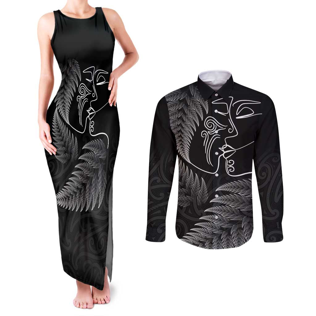 New Zealand Valentine's Day Couples Matching Tank Maxi Dress and Long Sleeve Button Shirt Silver Fern and Line Art Love Couple