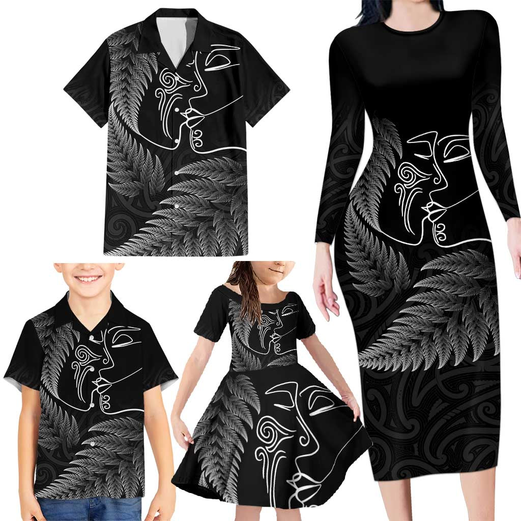 New Zealand Valentine's Day Family Matching Long Sleeve Bodycon Dress and Hawaiian Shirt Silver Fern and Line Art Love Couple