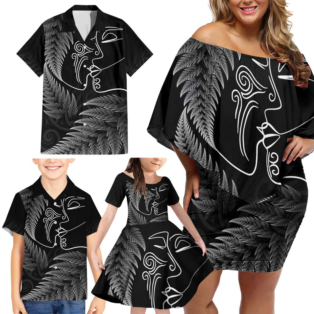 New Zealand Valentine's Day Family Matching Off Shoulder Short Dress and Hawaiian Shirt Silver Fern and Line Art Love Couple