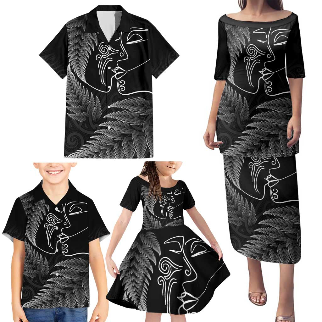 New Zealand Valentine's Day Family Matching Puletasi and Hawaiian Shirt Silver Fern and Line Art Love Couple