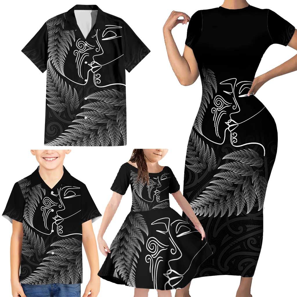 New Zealand Valentine's Day Family Matching Short Sleeve Bodycon Dress and Hawaiian Shirt Silver Fern and Line Art Love Couple