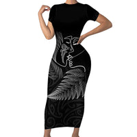 New Zealand Valentine's Day Family Matching Short Sleeve Bodycon Dress and Hawaiian Shirt Silver Fern and Line Art Love Couple