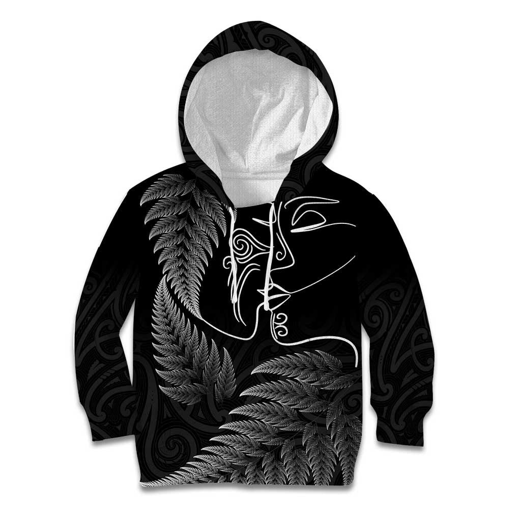 New Zealand Valentine's Day Kid Hoodie Silver Fern and Line Art Love Couple