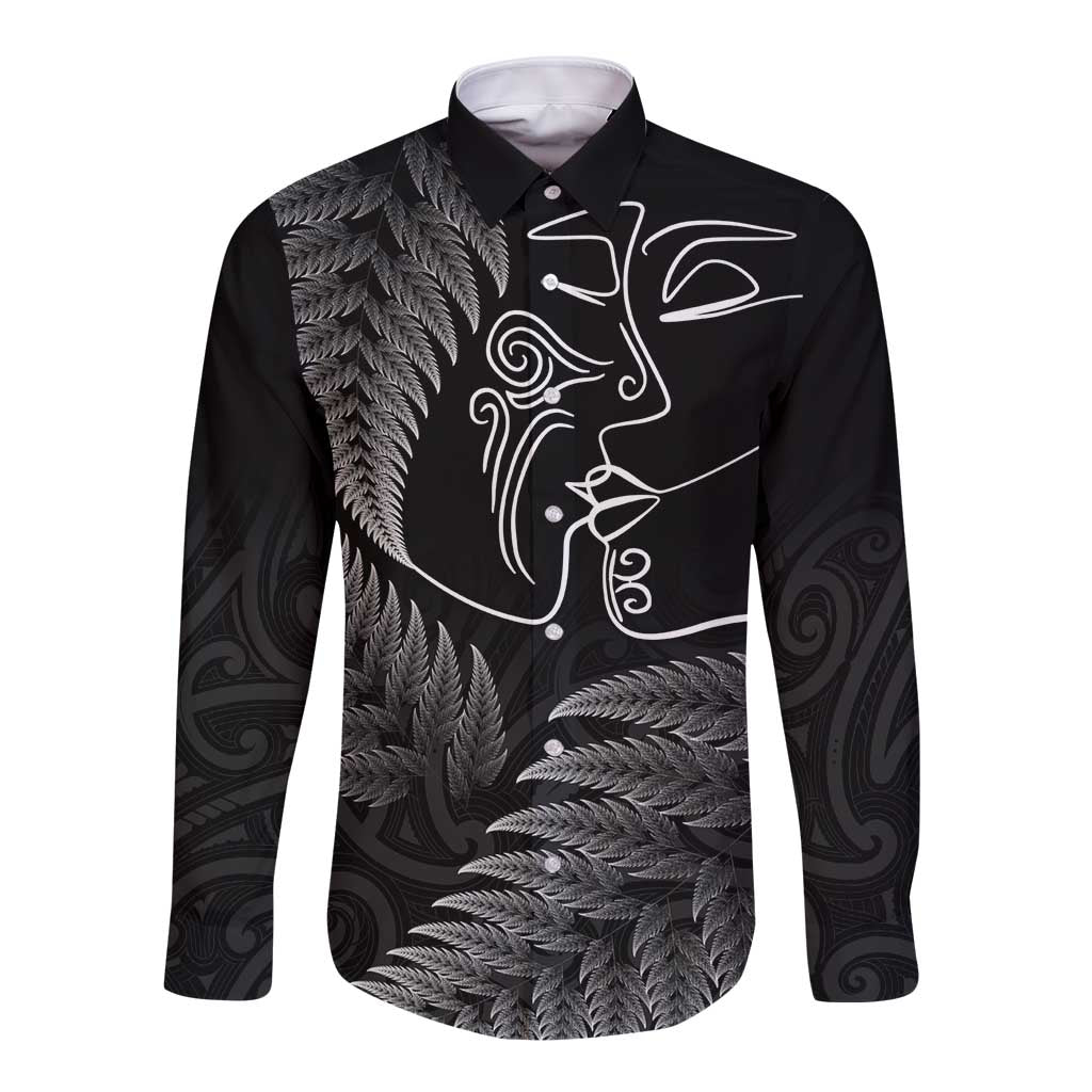 New Zealand Valentine's Day Long Sleeve Button Shirt Silver Fern and Line Art Love Couple