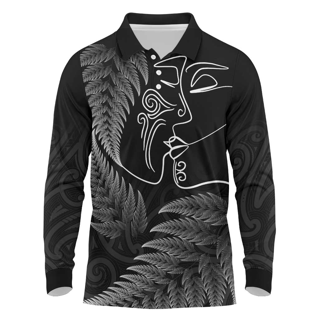 New Zealand Valentine's Day Long Sleeve Polo Shirt Silver Fern and Line Art Love Couple LT03 Black - Polynesian Pride