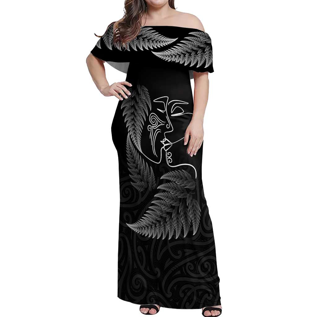 New Zealand Valentine's Day Off Shoulder Maxi Dress Silver Fern and Line Art Love Couple