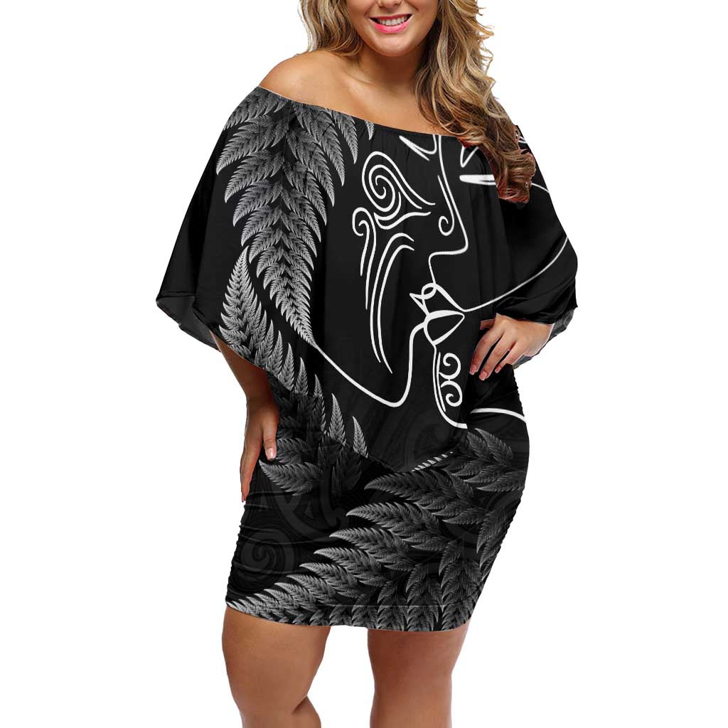 New Zealand Valentine's Day Off Shoulder Short Dress Silver Fern and Line Art Love Couple