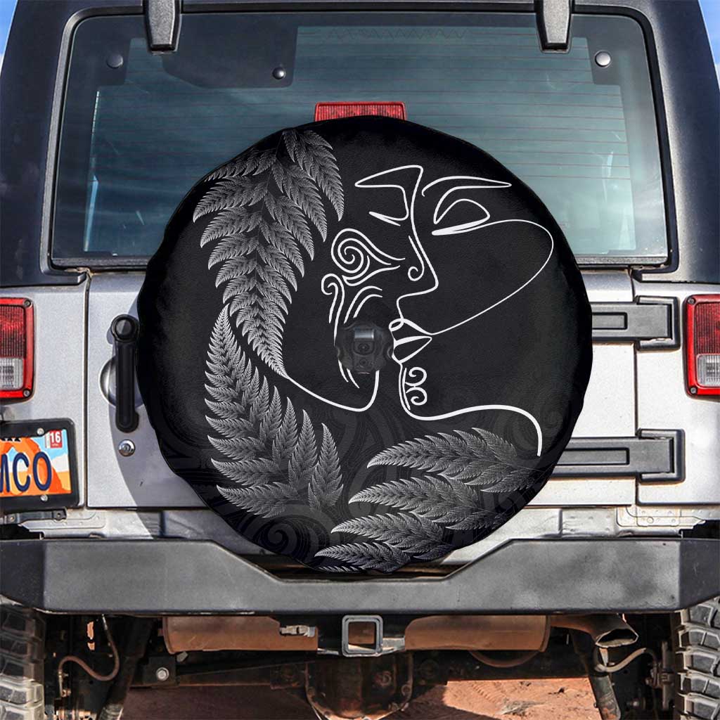 New Zealand Valentine's Day Spare Tire Cover Silver Fern and Line Art Love Couple LT03 Black - Polynesian Pride