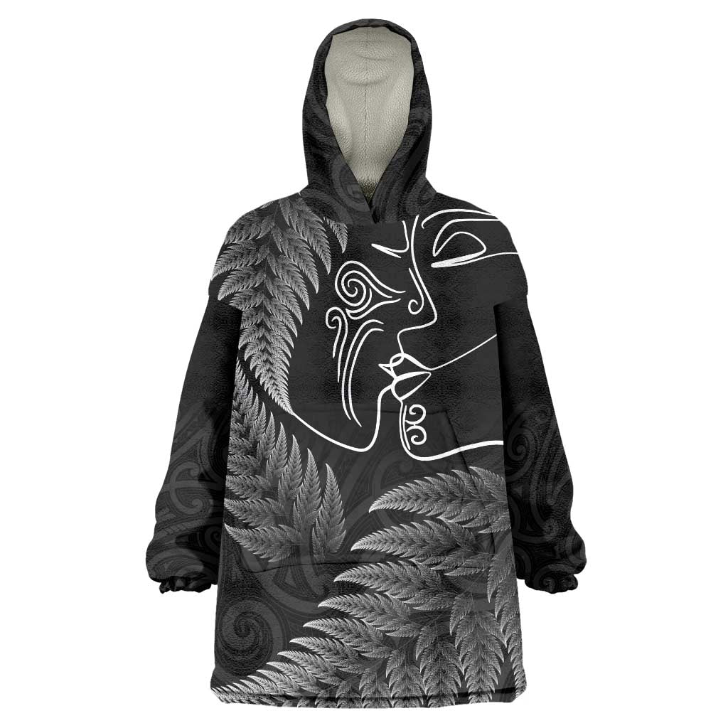 New Zealand Valentine's Day Wearable Blanket Hoodie Silver Fern and Line Art Love Couple LT03 One Size Black - Polynesian Pride