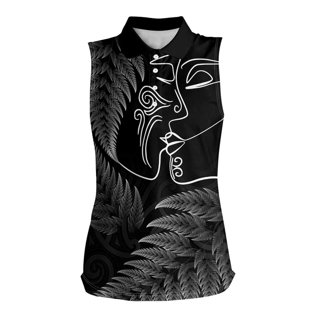 New Zealand Valentine's Day Women Sleeveless Polo Shirt Silver Fern and Line Art Love Couple