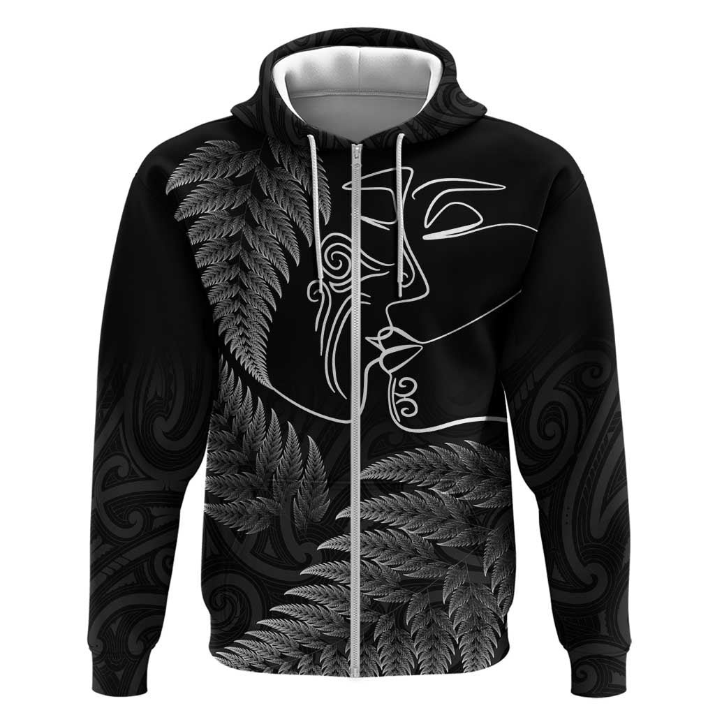 New Zealand Valentine's Day Zip Hoodie Silver Fern and Line Art Love Couple