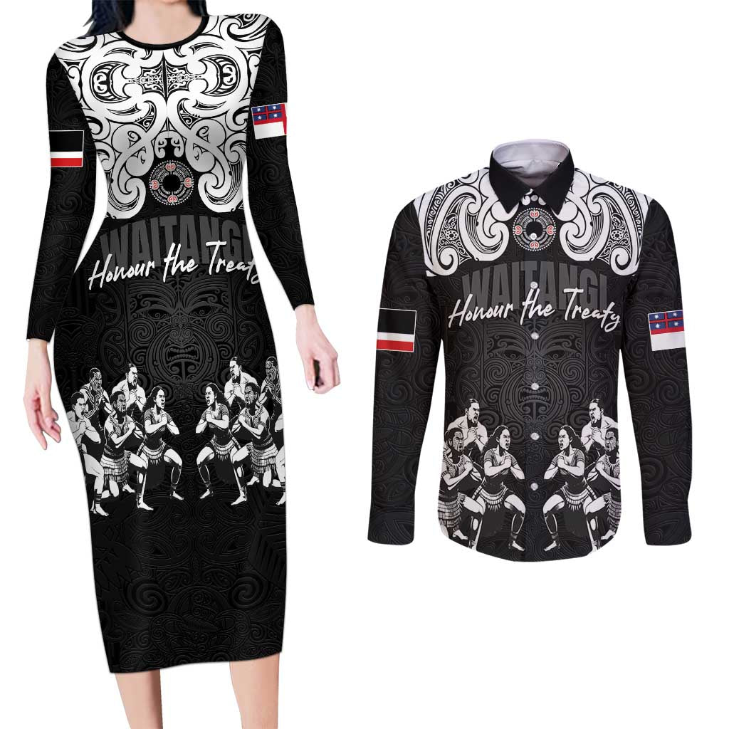 Aotearoa Waitangi Day - Toitu Te Tiriti Couples Matching Long Sleeve Bodycon Dress and Long Sleeve Button Shirt New Zealand Honour the Treaty