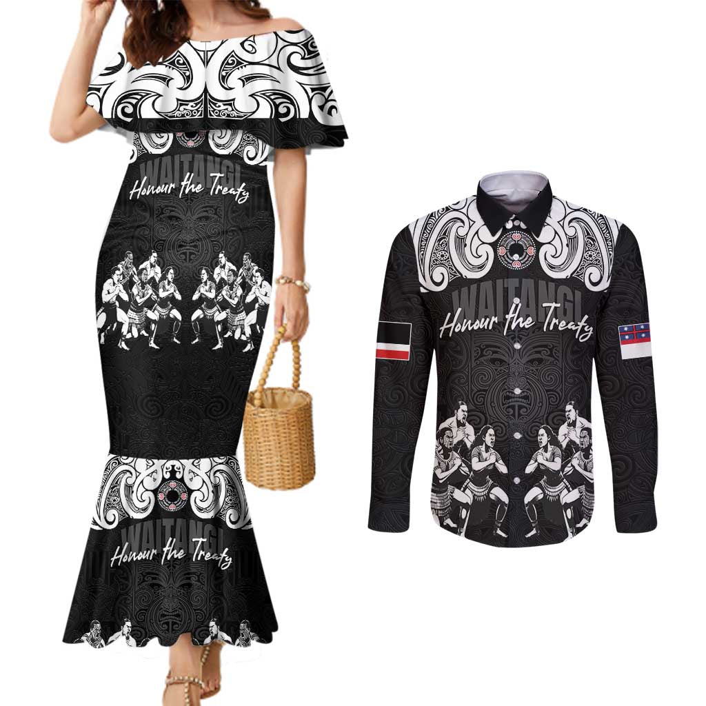 Aotearoa Waitangi Day - Toitu Te Tiriti Couples Matching Mermaid Dress and Long Sleeve Button Shirt New Zealand Honour the Treaty LT03 Black - Polynesian Pride
