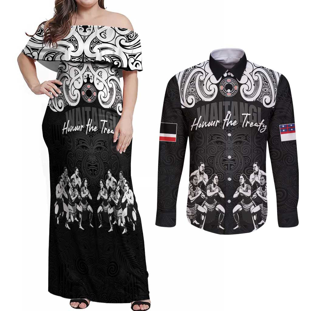 Aotearoa Waitangi Day - Toitu Te Tiriti Couples Matching Off Shoulder Maxi Dress and Long Sleeve Button Shirt New Zealand Honour the Treaty LT03 Black - Polynesian Pride