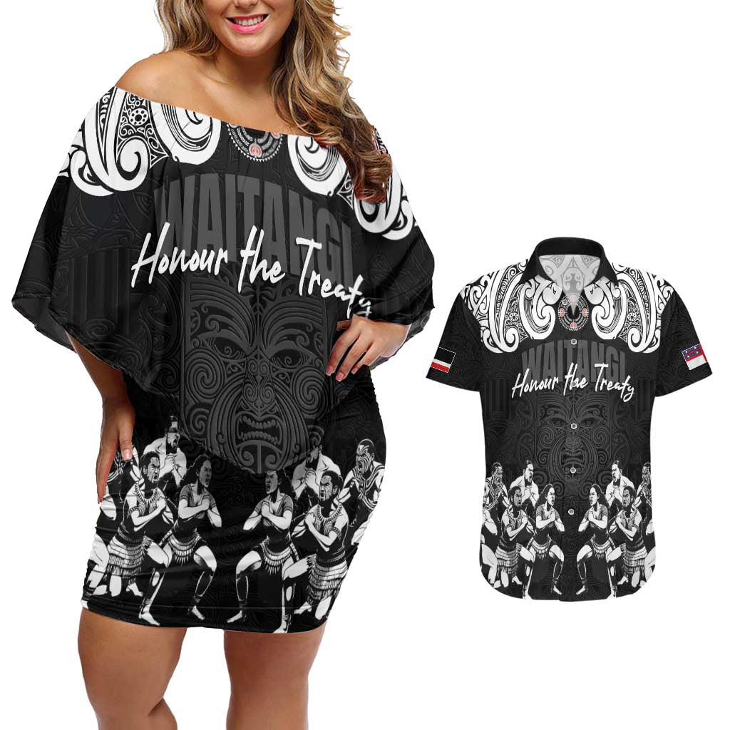 Aotearoa Waitangi Day - Toitu Te Tiriti Couples Matching Off Shoulder Short Dress and Hawaiian Shirt New Zealand Honour the Treaty LT03 Black - Polynesian Pride